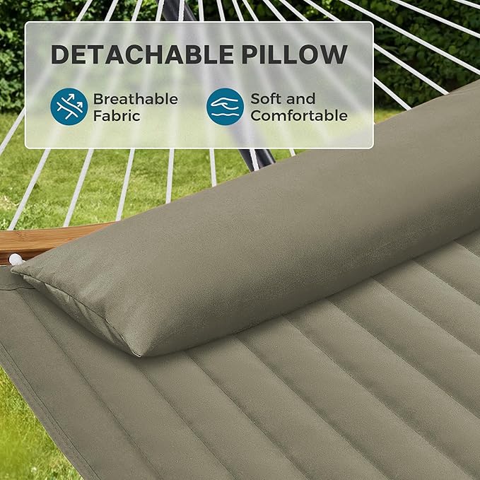 SUPERJARE Curved-Bar Hammock with Stand, 2 Person Heavy Duty Hammock Frame, Detachable Pillow & Portable Carrying Bag, Perfect for Outdoor & Indoor, Olive Gray