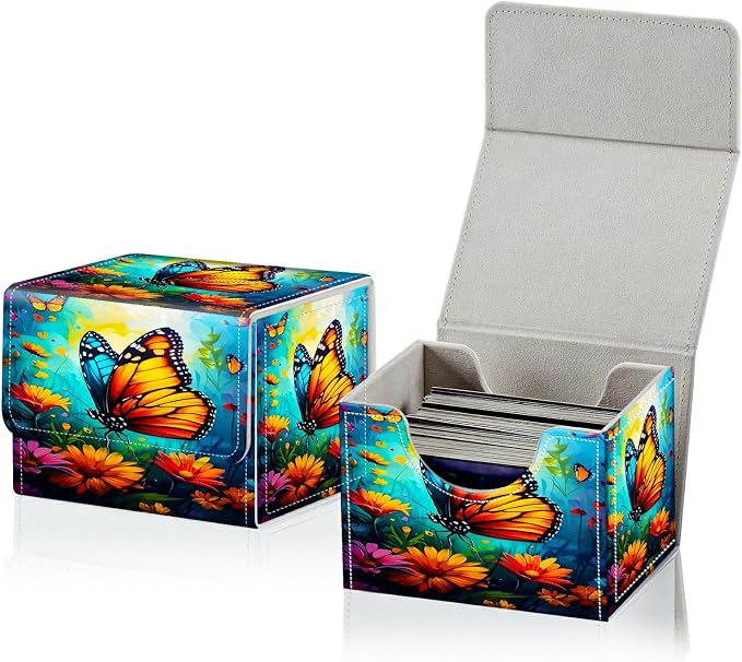 Card Deck Box for MTG, Cards Storage Box Fits 120+ Sleeved, Leather Small Size Strong Magnetic Closing Card Case for Board Games Magic TCG CCG Baseball Collection, Butterfly Blue Sky