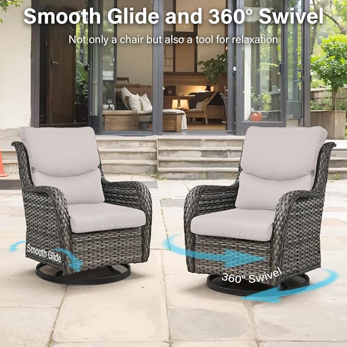 Outdoor Swivel Rocker Patio Chairs Set of 4 with Side Table - 5" Thick Cushion 6 Piece Furniture Set All Weather Comfortable Wicker Conversation Set for Porch Poolside and Deck - Gray/Beige
