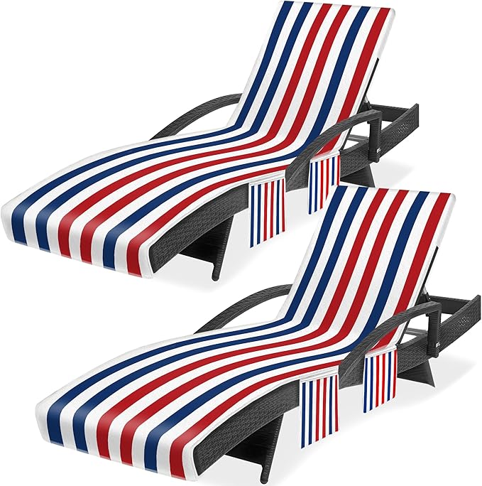 Lounge Chair Towel Cover, Beach Chair Covers (Pack of 2), Chaise Lounge Cover with 3 Pockets for Pool Beach Garden Courtyard Outdoor Trips, 85 x30 in, Striped Dark Blue Red