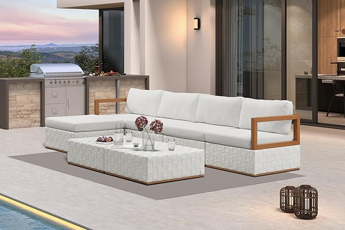 PURPLE LEAF Patio Outdoor Furniture Set 7 Pieces, Premium Leather Outdoor Couch Sectional Sofa, L-Shaped Patio Couch with Olefin Cushions, Patio Conversation Sets for Porch, Balcony, Garden, White