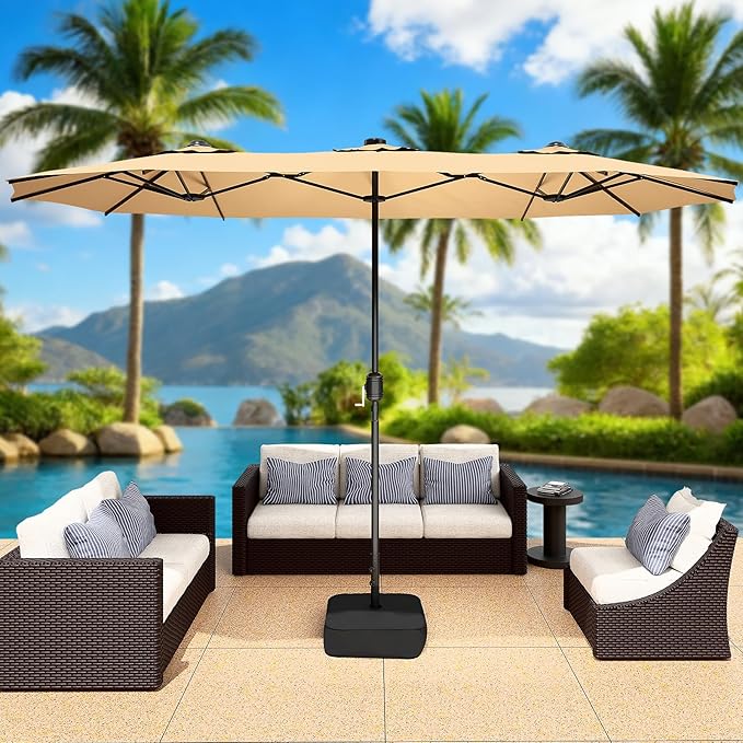 CHABATREE 15FT Double-Sided Patio Umbrella with Base Included, Large Outdoor Rectangular Market Umbrella for Backyard, Poolside, Lawn & Garden, Khaki