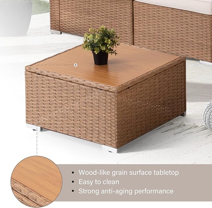 LAUSAINT HOME Outdoor Patio Furniture, 7 Piece Patio Furniture Set PE Rattan Sectional Conversation Sets with Thick Cushions & Wood-Like Coffee Table for Garden, Porch(Beige/Brown Wicker)