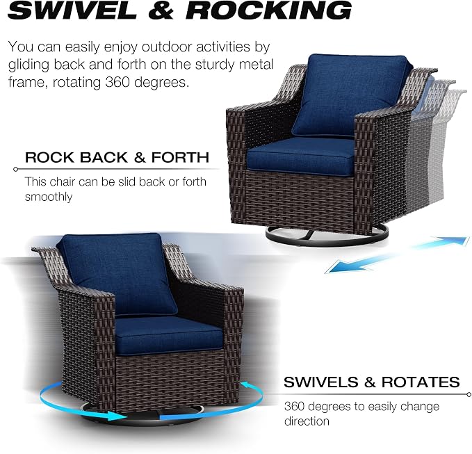 Joyside Wicker Patio Furniture Sets, 7 Pieces Upgraded Large Size Outdoor Furniture with Swivel Rocking Patio Chairs, 3-Seat Sofa, Outdoor Ottoman and Coffee Table, Thick Cushions, Wide Armrest