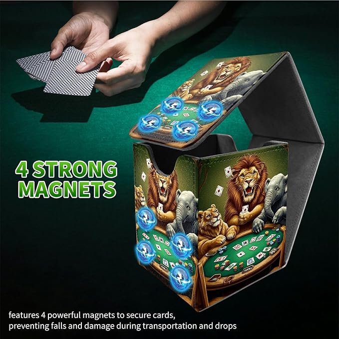 Deck Box for MTG, Cards Storage Box Fits 120+ Sleeved, Leather Medium Size Strong Magnetic Closing Card Case for Board Games Magic TCG CCG Baseball Collection, Elephant Lion