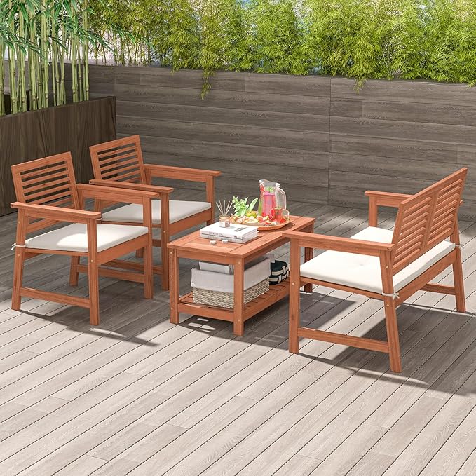 Tangkula 4 Piece Patio Conversation Set, Wood Sofa Set with Soft Seat Cushions, 2-Tier Rectangle Coffee Table, Outdoor Solid Wood Furniture Set for Poolside, Yard, Porch