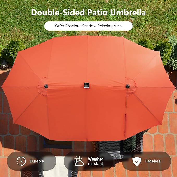 Tangkula 15 Ft Solar Patio Umbrella, Double-Sided Extra Large Outdoor Market Table Umbrella with 48 LED Lights, Crank Handle, 12 Sturdy Ribs for Poolside, Garden & Backyard (Orange)
