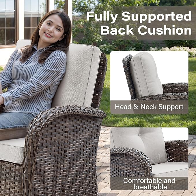 Belord 5 Piece Swivel Rocker Glider Outdoor Chairs Set of 2 with Ottoman and Glass Side Table Patio Bistro Furniture Set, Comfort High Back Wicker Patio Conversation Set for Deck Porch Sunroom
