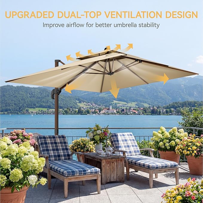 10x13 FT Wood Pattern Patio Umbrella, Large Deluxe Cantilever Rectangular Double Top Heavy Duty Offset Umbrellas with 360° Rotation, Outdoor shade for Garden Deck Pool Patio, Beige