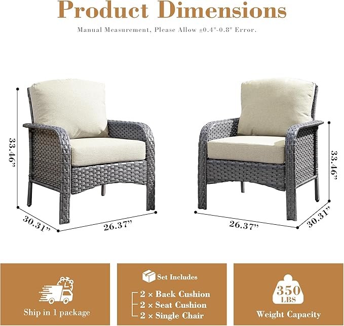 2 Pieces Patio Furniture Set, Two Single Chair Outdoor Furniture, All-Weather Rattan Wicker High Back Conversation Set of 2 for Small Space Porch, Backyard, Balcony,Beige