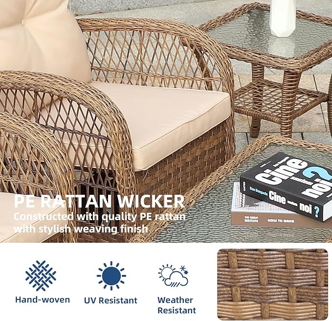 3-Piece Patio Wicker Conversation Bistro Set, Rattan Gliding Rocking Swivel Chairs with Cushion and Glass Top Side Table Outdoor Furniture Sets for Garden Backyard, Light Brown