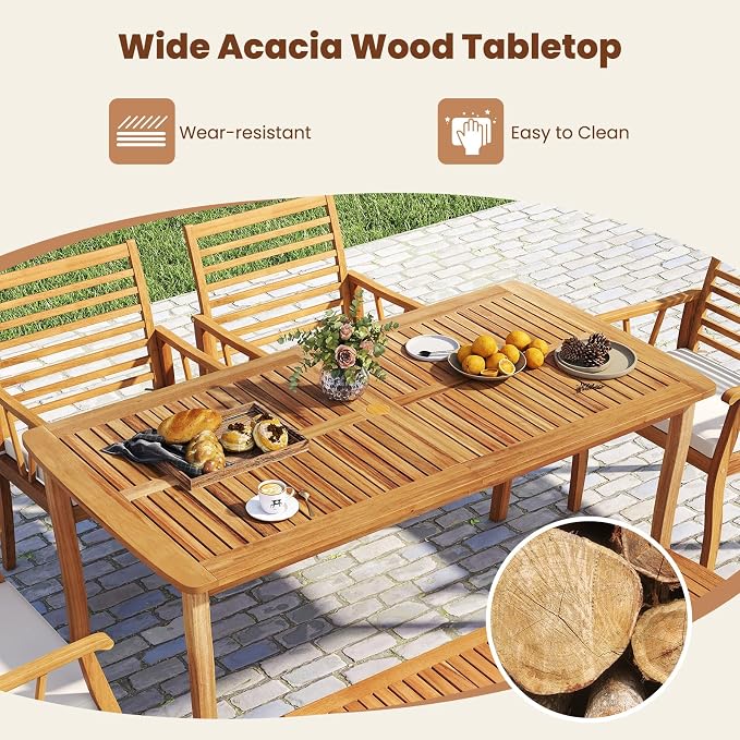 HAPPYGRILL Outdoor Acacia Wood Dining Table for 4-6 People, Patio Furniture Table with Umbrella Hole & Cover, 63” Slatted Tabletop, for Backyard, Patio, Deck, Porch