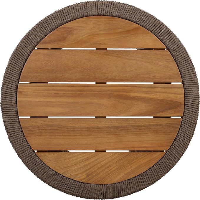 Conical Dark Beige Rope Side Table, Teak Finish Acacia Wood Top, 150 lbs Capacity, No Assembly Required, Modern Open-Weave Round Accent Table for Patio Backyard Living Room