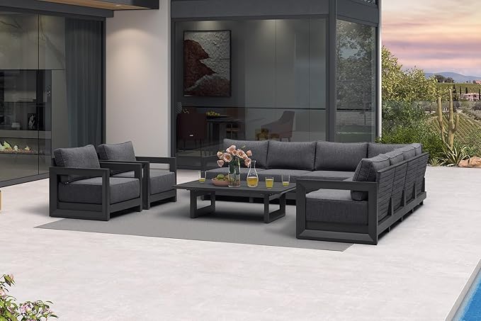 PURPLE LEAF Patio Furniture Set Open-End Outdoor Couch with 9.6" Thick Cushion and Soft Pillows 10 Piece Outdoor Sectional Sofas with Table Modern Outdoor Conversation Sets for Yard Porch Deck, Grey