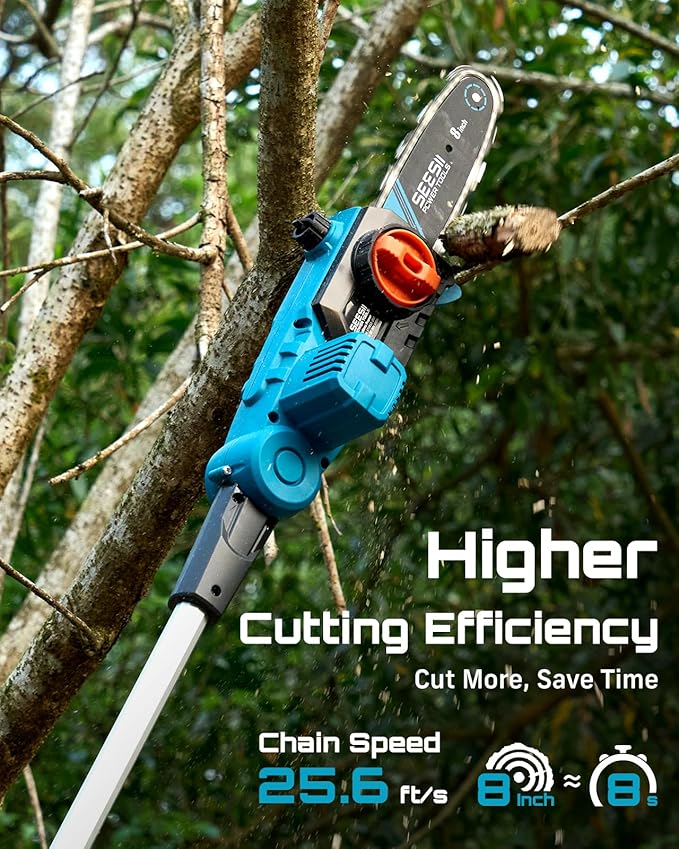 SEESII 8-Inch Electric Pole Saws: 21V Cordless Pole Saws for Tree Trimming, 15-Foot Max Reach, Auto Oiling, Tree Trimmer with 2x4000mAh Battery & Fast Charger, Tree Saw Ideal for Pruning Branches