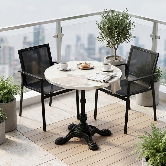 31.5 Inch Round Outdoor Patio Dining Table, Sintered Stone Bistro Table with Cast Iron Pedestal Base for Balcony Garden Poolside Cafe, Seats 2 to 4, Ivory Marble