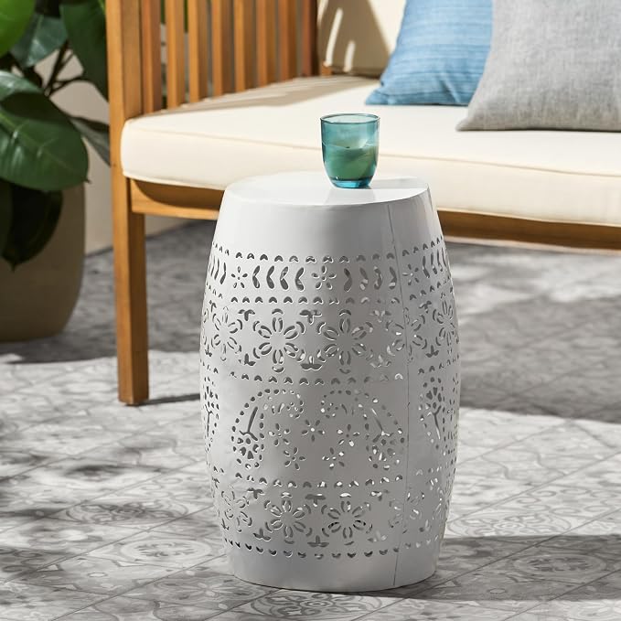 12" Outdoor Side Table, Metal Cutout Drum Side Table, Patio Garden Stool | Coffee End Tables for Small Spaces, Living Room, Backyard, Poolside
