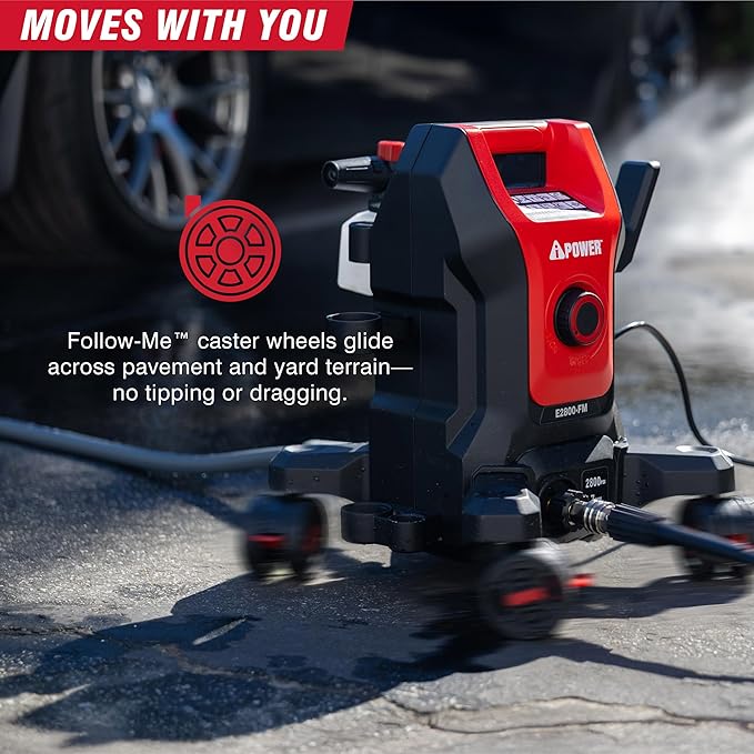 A-iPower Follow Me Electric Pressure Washer 2800 Max PSI 1.7 GPM Anti-Tipping Design with 5 Nozzles, Soap Dispense for Fences, Driveways, Patios, Cars, Home Cleaning, E2800-FM, Red