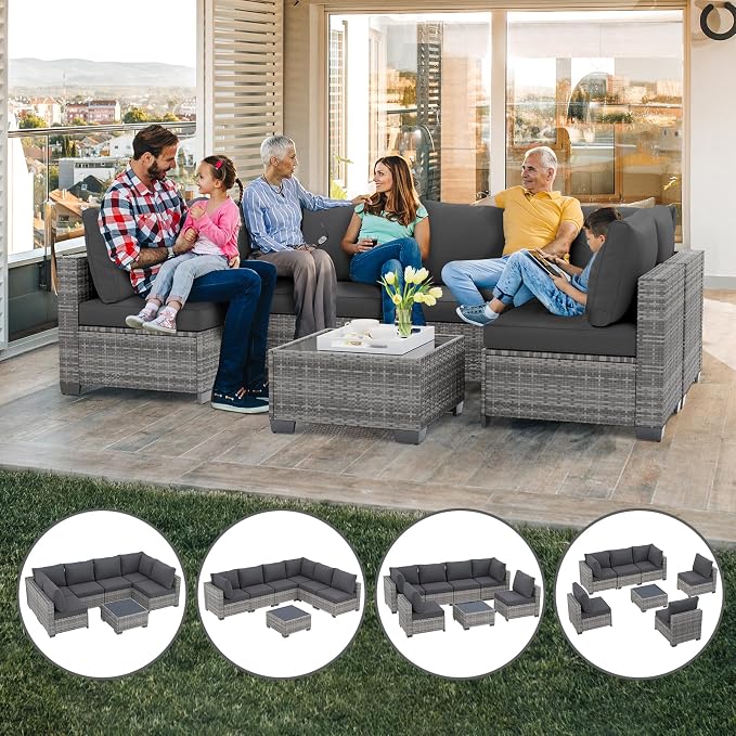 7 Pieces Outdoor Patio Furniture Set, All-Weather Sectional Sofa | Dark Grey Wicker Conversation Set with Glass Table and Cushions | PE Rattan Weaving | Ideal for Patio, Pool, Balcony