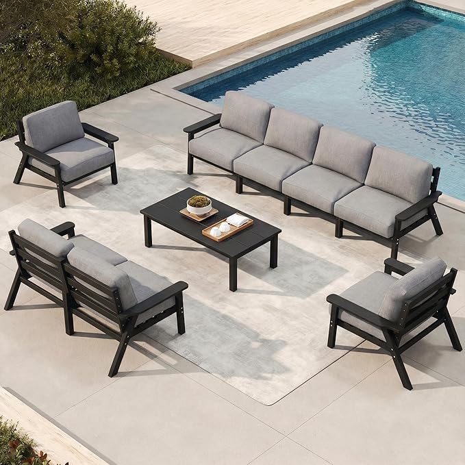 Patio Furniture Set 8 Seats, HDPE Outdoor Sectional with Gray Washable Thick Cushions, Coffee Table, Patio Conversation Sets for Lawn, Garden, Porch, Balcony, Deck (Black Frame)