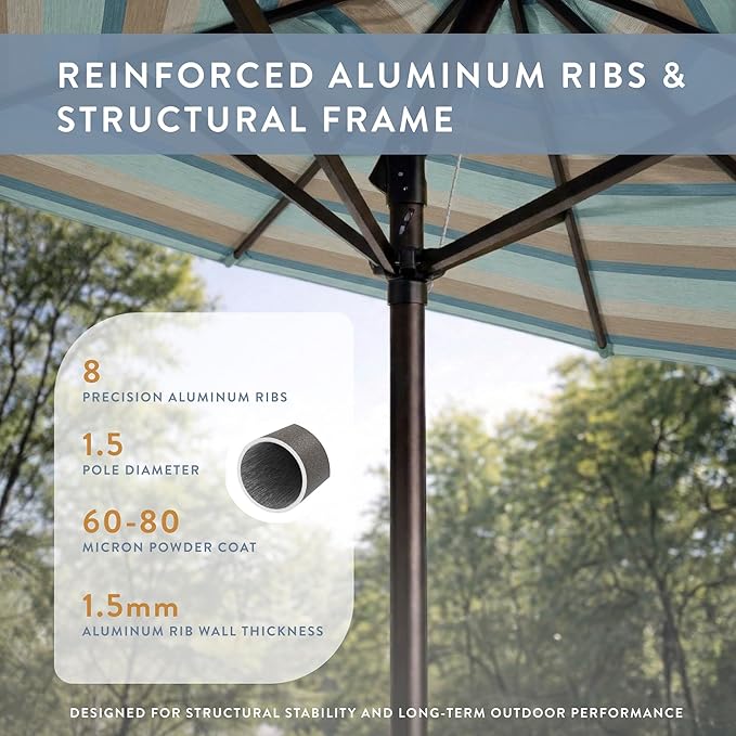 California Umbrella 12-Year Protection 9-Ft Outdoor Patio Umbrella, Sunbrella Fade-Resistant Fabric, Auto-Tilt, Heavy Duty Aluminum Frame, 8 Reinforced Ribs for Pool or Deck, Bronze Pole, Gateway Mist