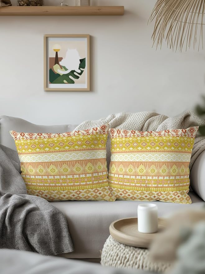 Waterproof Outdoor Pillow Set of 2 Yellow Bohemian Decorative Throw Pillows Cover & Insert 18x18 Inch Pillowcase Boho Style Floral Leaves Geometric Pillows for Couch Sofa Bed Patio Furniture