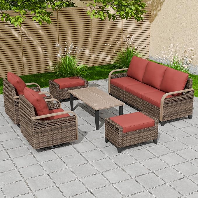 EAGLE PEAK Modern Wicker Outdoor Patio Furniture Set, Patio Conversation Set, 2 Swivel Rocking Chairs, 3-Seat Loveseat, 2 Ottomans and Coffee Table, 6 Pieces, Brown/Red