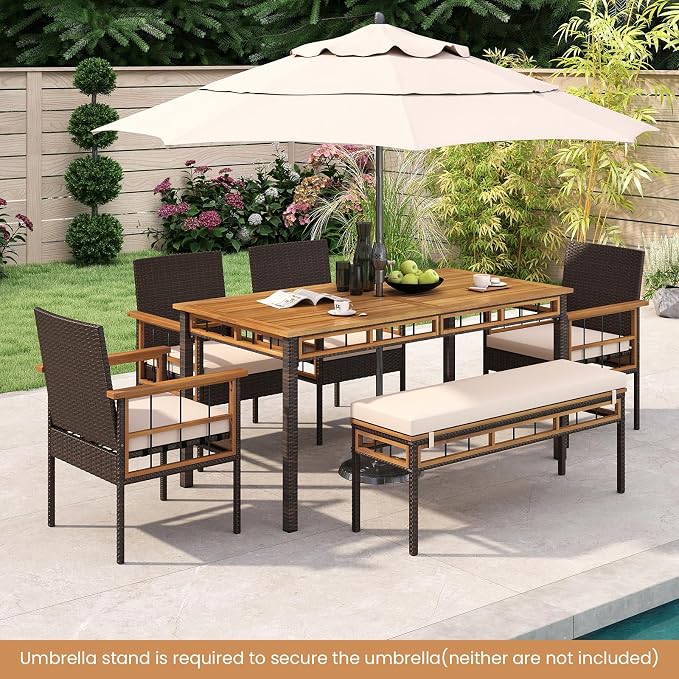 Tangkula 63-Inch Outdoor Dining Table for 6, Rectangular PE Rattan Patio Table with Acacia Wood Slatted Tabletop, 1.97" Umbrella Hole & Metal Frame, Outside Dining Furniture for Backyard, Garden, Deck