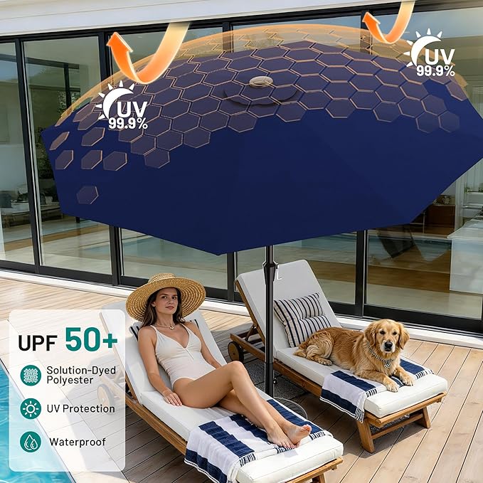 AreShark 10 FT Outdoor Patio Umbrella, Patio Table Umbrella with Push Button Tilt and Crank, Outdoor Patio Umbrellas with 8 Fiberglass Ribs, Patio Umbrellas for Market, Garden, Pool (Navy)