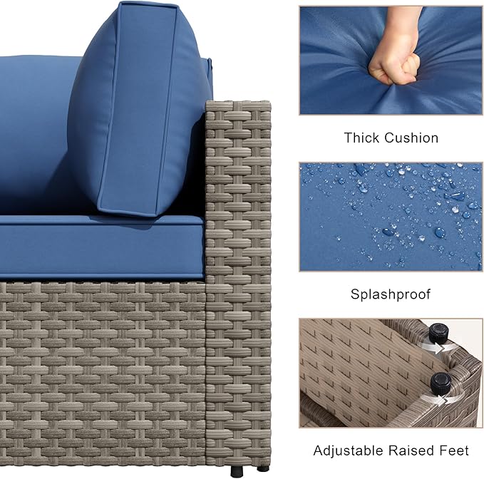 JAMFLY 7-Piece Outdoor Patio Furniture Set, Modular PE Rattan Sectional Sofa with Thick Cushions & Glass Coffee Table for Poolside, Balcony, Garden(Blue Cushion)
