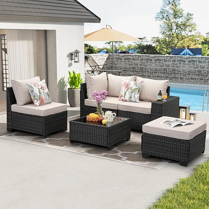 5 Pieces Patio Furniture Set, Wicker Outdoor Sectional Sofa with Cushion & Coffee Table, Wider Armrest Patio Conversation Sofa for Party, Garden, Sunroom, Beige