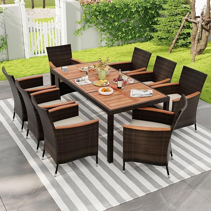 KOTEK 9 Piece Outdoor Dining Set, Wicker Patio Dining Set for 8 with Acacia Wood Table & Chairs, 1.96'' Umbrella Hole, Patio Table and Chairs Set for Backyard, Deck, Garden (Mix Brown)