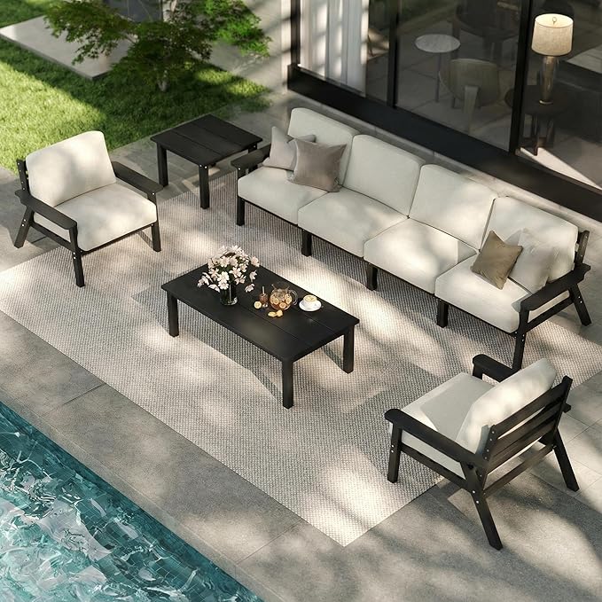 7 Piece Patio Furniture Set, HDPE Outdoor Sectional with Beige Washable Thick Cushions, Coffee Table & Side Table, Patio Conversation Sets for Lawn, Garden, Porch, Balcony (Black Frame)