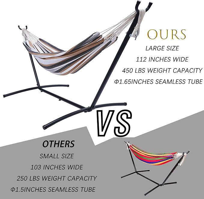 Double Classic Hammock with Stand for 2 Person- Indoor or Outdoor Use-with Carrying Pouch-Powder-Coated Steel Frame - Durable 450 Pound Capacity,Brown/Gray Striped