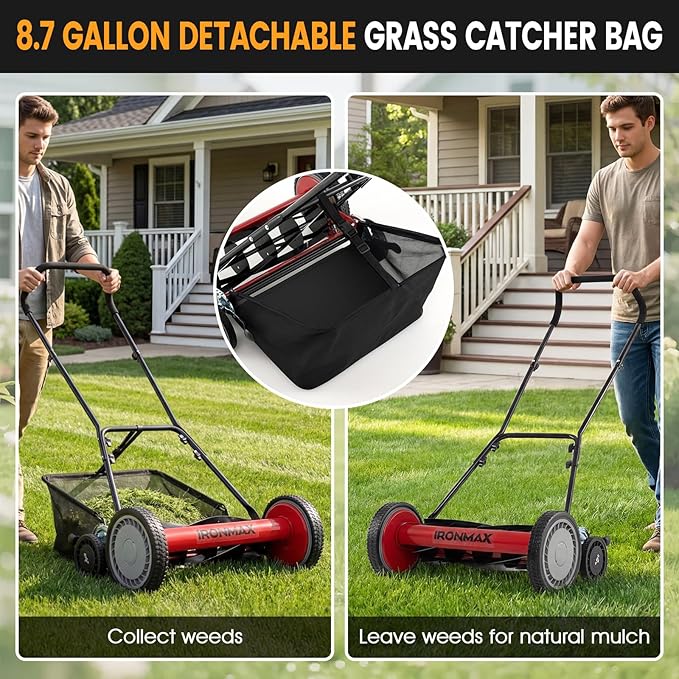 IRONMAX 18 Inch 5-Blade Push Reel Lawn Mower, 9-Level Adjustable Cutting Heights, Removable Grass Catcher, Lightweight No Motor Walk-Behind Manual Grass Cutter for Garden Yard Park (Red, 18 Inch)