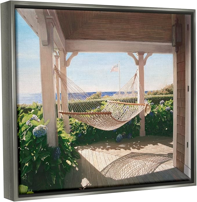 'Tranquil Hammock Warm Sunlit Porch Rural'| Floating Frame Canvas Art | Stupell Industries | Gray, 31 x 25 Inches, Easy to Hang and Sturdy, Made in USA, by Tom Mielko