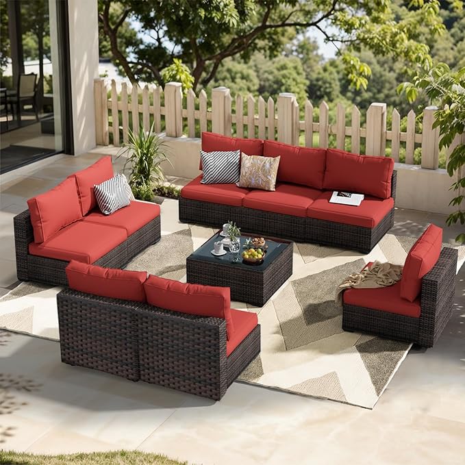 Patio Furniture Set 9 Piece All Weather PE Rattan Outdoor Sectional Sofa Couch with 8 x armless Sofa, No-Slip Cushions and Glass Top Table for Garden, Poolside, Backyard (Red)