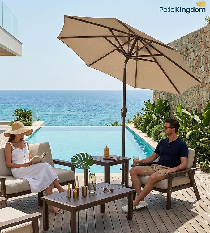 PatioKingdom 10FT Patio Umbrella with Push Button Tilt and Crank, Outdoor Market Umbrella with 8 Fiberglass Ribs, UV Protection Table Umbrella for Pool,Backyard,Garden,Deck