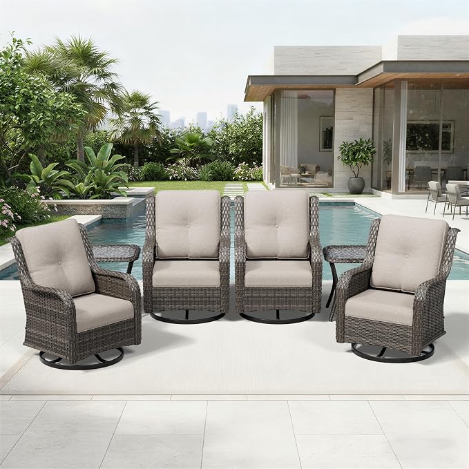 Joyside 6 Piece Wicker Patio Furniture Set, Outdoor Swivel Rocker Patio Chairs with High Back, Deep Seating, Wide Armrest, Thickened Cushions, Outdoor Furniture for Deck, Porch Use