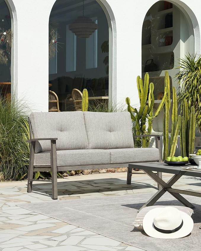 Aluminum Outdoor Patio Furniture Set, 4 Piece Patio Conversation Sets with Washable Thick Cushions, Weather-Resistant Outdoor Sectional Sofa Couch Sets for Poolside, Backyard, Limed Oak