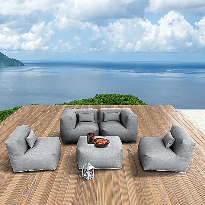 Patio Furniture Set Bean Bag 5 Pieces Outdoor Chairs Sectional Conversation Patio Set Daybed Furniture Outdoor Sofa Couch High Density Foam Filling Modern Comfy Patio Couch, Dark Gray