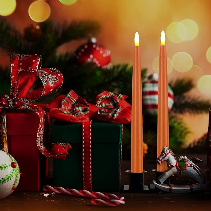 CVHOMEDECO. Flameless Taper Candles with 10-Key Remote, Battery Operated Led Flickering 3D Wick Window Candles Real Wax Finished Home Christmas Party Decor 0.78 x 11 Inch, Pack of 2 (Orange)
