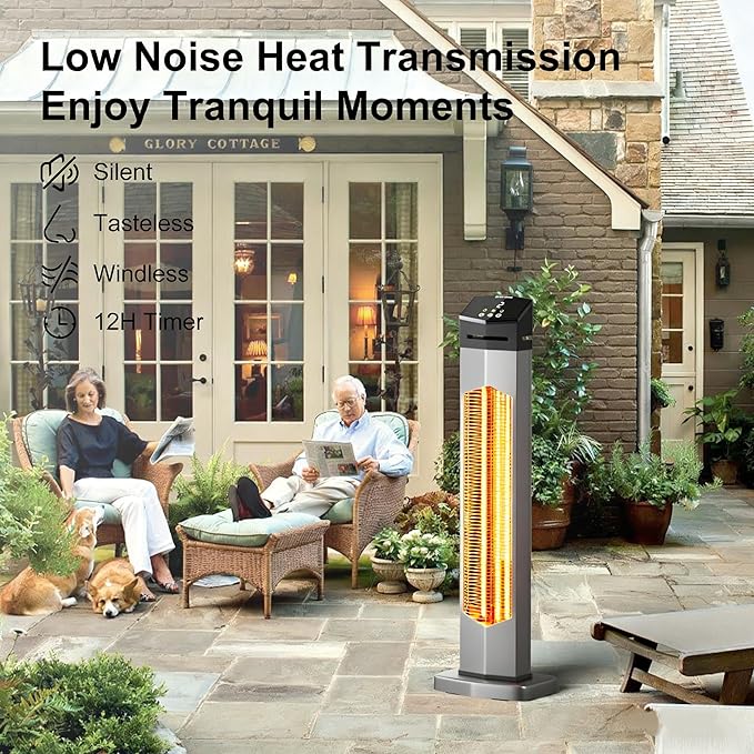 Landeagle Outdoor Heaters for Patio,1500W Electric Infrared Radiant Heater with Remote,37” Portable Tower Space Heater with 12H Timer,Tip-over Protection for Garage,Porch,Indoor,Silver