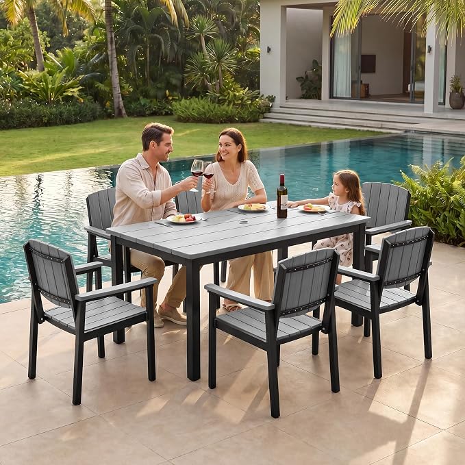 Outdoor Dining Sets Patio Table and Chairs Set 5-Piece, Aluminum Frame HDPS Faux Wood, All Weather Patio Dining Set with Umbrella Hole for Garden Backyard Poolside Grey