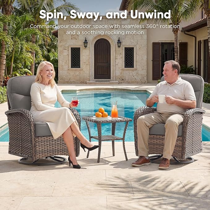 HUMMUH 7-Piece Patio Furniture Set with 6" Thick Cushion High Back Outdoor Swivel Rocker Chairs with 3-Seater Sofa,Coffee Table & Ottomans,Wicker Outdoor Conversation Set for Deck, Porch,Poolside