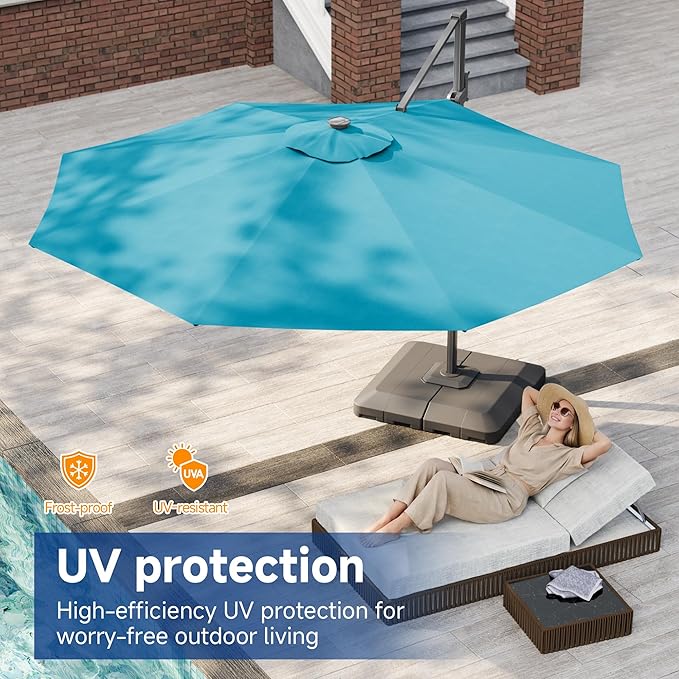 FLAME&SHADE 11ft Cantilever Patio Umbrella with Base, Round Offset Umbrella with Solar Light Strips, Large Heavy Duty Outdoor Aluminum 360° Rotation,for Deck,Pool,Backyard