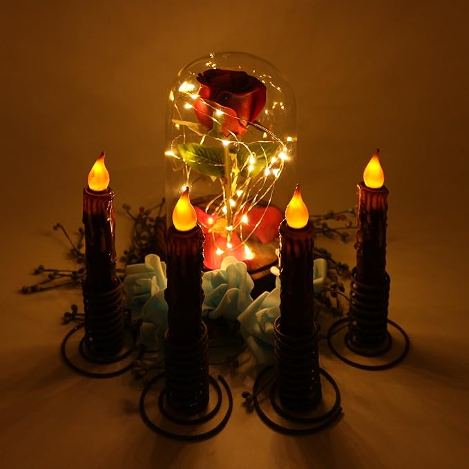 CVHOMEDECO. Real Wax Hand Dipped Battery Operated LED Timer Taper Candles Rustic Primitive Flameless Lights Décor, 6-3/4 Inch, Burgundy, 6 PCS in a Package