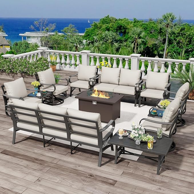 12 Piece Patio Furniture Set, All Weather Metal Outdoor Conversation Set with 50000 BTU Propane Fire Pit Table and 5" Thick Cushions, Sectional Sofa for Garden, Porch, Lawn, Beige