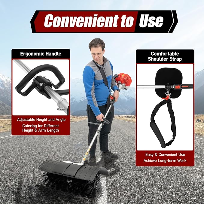 52cc 2-Stroke Handheld Sweeper, 1700W 2.3HP Gas Power Broom Engine Sweeper for Cleaning Boulevards Lawn Garbage and Street Driveways Nylon Brush Sweeping Broom Air Cooled Motor