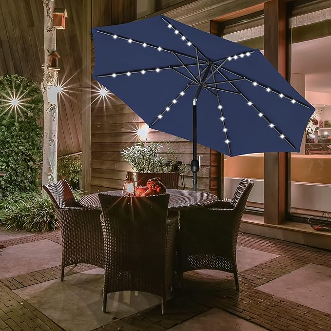 Simple Deluxe 9' Solar Umbrella 32 LED Lighted Patio Umbrella Table Market Umbrella with Push Button Tilt/Crank Outdoor Umbrella for Garden, Deck, Backyard and Pool